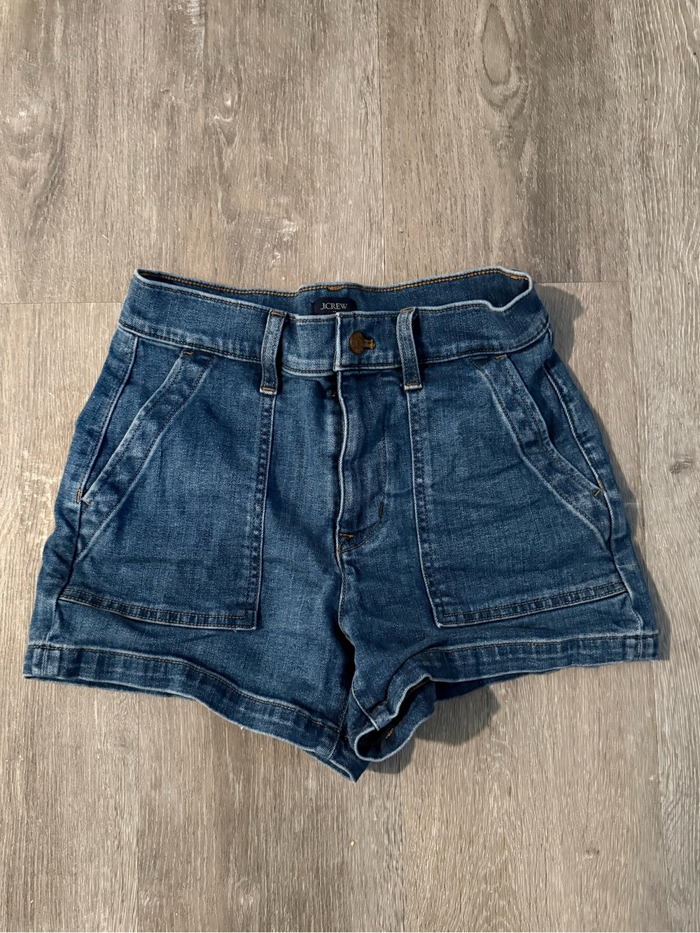 J. Crew High-Rise Patch Pocket Denim Shorts in Medium Blue